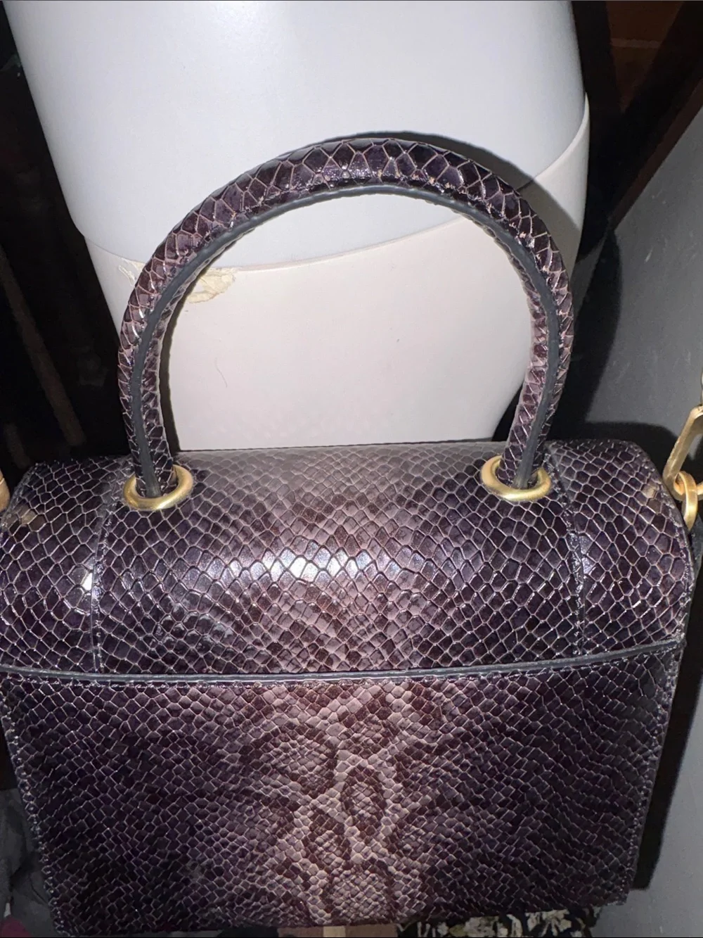 Calvin Klein Snakeskin Fern Top Handle Leather Satchel Crossbody Gold Hardware